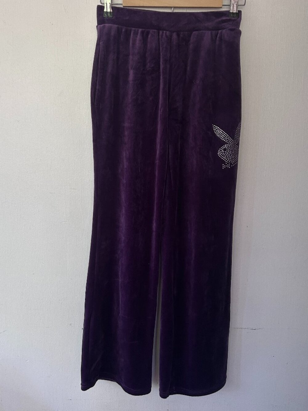 Playboy Velour Track Pants Size XS Purple Rhinestones Wide Leg Y2K Pockets